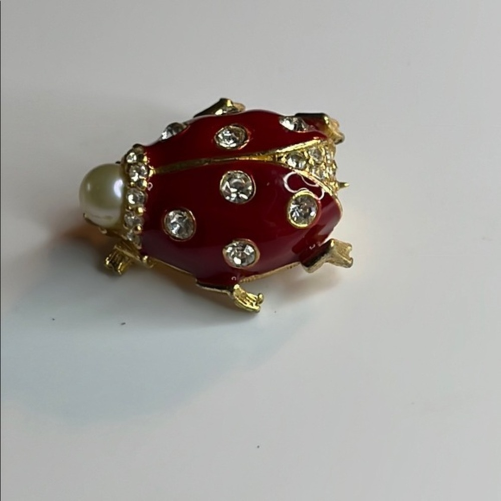 Vintage Estate CINER Signed Red Enamel Faux Pearl Rhinestone Lady Bug Pin